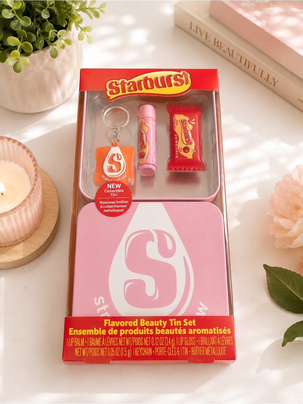 Starburst Pink Flavored Beauty Tin Set – Lip Balm, Lip Gloss & Keychain
